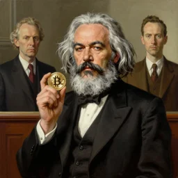 Karl marx Holding bitcoins and dreaming about capitalism, highly detailed, very coherent, painted by Francis Bacon and Edward Hopper, Wayne Barlowe, painted by James Gilleard, surrealism, airbrush,  art by JamesJean