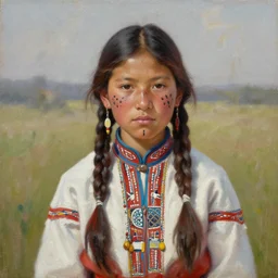 oil painting of a young comanche girl in traditional dress, facial tattoos, art by michael whelan