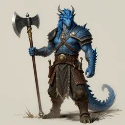 fantasy concept art; portrait of a blue dragonborn wielding an axe; barbarian clothing; detailed sketch