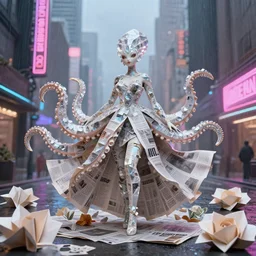 beautiful crystal and ceramic anthropomorphic strange octopus woman wearing a flowing paper dress and posing, rainy downtown city made out of newspaper and neon lights, large paper origami, many origami roses, city background, heavenly light, 3 d, very detailed, octane render, trending artstation, artgem