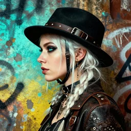 highly detailed 3 / 4 profile portrait of an london sewer punk lady, eyes, leather straps, hat, white hair ( ( by atey ghailan ) ), ( ( by greg tocchini ) ), by james gilleard, by kaethe butcher, gradient cyan, black, brown, and yellow color scheme, grunge aesthetic!!! ( ( graffiti tag wall ) )