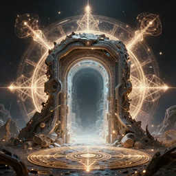 a centered realistic render of a post apocalyptic portal surrounded by glowing fractal s and sacred geometry, by beeple, by donato giancola