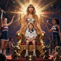 twin peaks art of taylor swift standing next to young boy sitting in throne, cheerleader sacrificed to moloch in a ritual by brian k. vaughan and christian ward