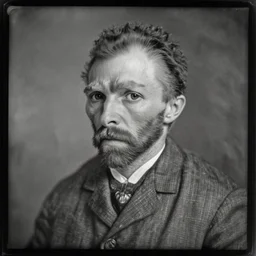 a 1 8 7 0 dark, monochrome, glass negative, silver gelatine realistic, supersharp, supersharp, realistic, photographic daguerreotype portrait of vincent van gogh, shallow depth of field