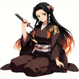 fullbody kimi no na wa, kunoichi sitting and holding katana, classy illustration, deco glamour