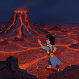 very detailed and perfectly readable fine and soft relevant out of lines soft edges painting by beautiful walt disney animation films of the late 1 9 9 0 s and thomas cole in hd, we see a lava world, nice lighting, perfect readability