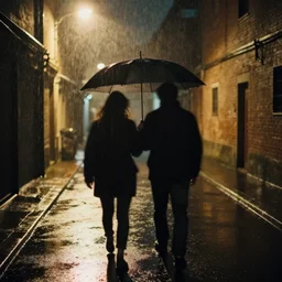 an emotional picture of two shadowy figures under one umbrella at night in an ally, it is raining heavily, street lanterns are shining, they are reflected on the rainy street, 35mm, motion blur