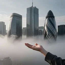 arm reaching out of thick fog, tall buildings in background, rounded architecture, sophisticated, zdzislaw beksinski, architecture of frank lloyd wright, zaha hadid, norman foster