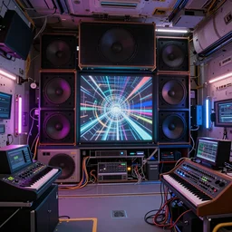 giant speaker system audio visual holographic projection music recording studio in the interior of an international space station. filled with neon lights electronic dj equipment, modular synthesizer with cables everywhere. photorealistic 35mm 4k cgsociety
