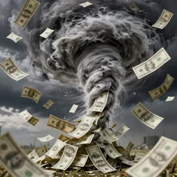 “a violent tornado made of money, highly detailed swirling winds blowing dollar bills in the air, raining cash, highly detailed, dramatic lighting, unreal, octane, trending on artstation, by Beeple”