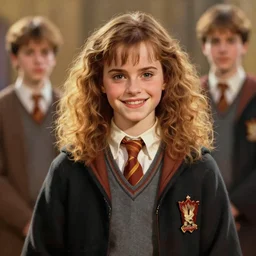 Painting of Emma Watson as Hermione Granger. Prisoner of Azkaban. Cheerful. Happy. Art by artgerm and greg rutkowski and alphonse mucha. During golden hour. Extremely detailed. Beautiful. 4K. Award winning.
