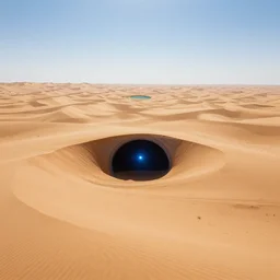 intergalactic stargate portal in the middle of a vast desert, with dunes stretching out as far as the eye can see, and a single oasis in the distance, style of bright