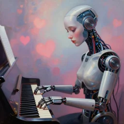 cyborg machine is playing the piano, wires bare, beautiful face, sad eyes, love, dreamscape, digital painting, concept art, 8 k, by anna dittmann