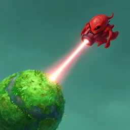 an evil red alien space ship shooting a laser at a small lush green planet, craig mullins