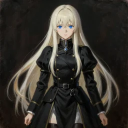 baroque oil painting full body portrait character concept art anime key visual, young female crusader maid, long straight platinum blonde hair blue eyes, fine detail symmetrical perfect face studio lighting delicate features directed gaze, black military uniform, gapmoe kuudere grimdark, trending on pixiv fanbox, painted by greg rutkowski makoto shinkai takashi takeuchi studio ghibli