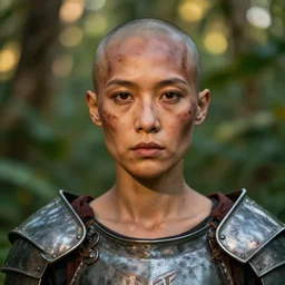 head and shoulders portrait of a female knight, tribal armor, bald, smudged face, light blood spatter, detailed face, photography by jimmy nelson, golden hour, jungle