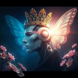 portrait of an ai robot king wearing a crown profile view portrait 4 k digital art, anime, two dimensional, looking to the side, butterfly wings, butterfly effect, flowers, trending on artstation, artstation, high detail, god rays, sunray, diffusion, disollution, portal to outer space, carvaggio, da vinci, deviantart