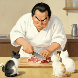 angry japanese butcher slices meat next to \ two cute cats looking at him, vintage, painting by utamaro