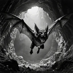 a close - up, ultra detailed black & white studio photographic portrait of a loud screeching giant, bat - like creature flying towards you, you are exploring an alien planet and come across a strange, dark cave, dramatic backlighting, 1 9 7 3 photo from life magazine, by keith thompson, h. r. giger, in the style of the movie aliens, alien cave landscape,