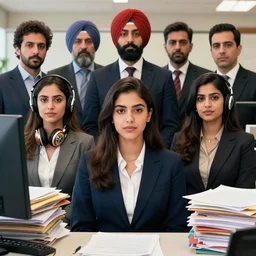 group photo with one young brazilian woman, one young punjabi, one young spanish woman, and one young hyderabadi woman, office suits, lots of papers, files and folders, office, decorative headphones, omar ortiz, carl spitzweg, ismail inceoglu, vdragan bibin, hans thoma, greg rutkowski, alexandros pyromallis, perfect face, sharply detailed, centered, rule of thirds, realistic shading, photorealism