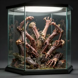 writhing biomass of human parts with multiple limbs, trapped in a glass prison, zbrush rendered, realistic, ultra high quality., detailed texture, marquee lighting, ray traced lighting, ray traced shadow, ultra - hd, shot on imax 7 0 mm, 2 2 megapixels. unreal engine 5. width 1 9 2 0, height 1 0 8 0.