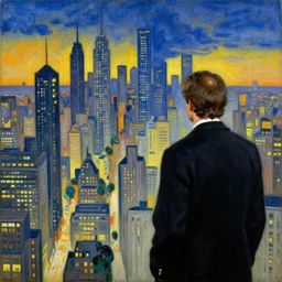 in the sky above the megalopolis known as mega - city one, judge dredd contemplates a masterpiece painting by the great moebius. the work is a stunning example of the artist's use of cloisonnism, and it fills the judge with a sense of wonder. dredd has always been a fan of moebius's work, and he is particularly impressed by the way the artist is able to capture the cityscape in such a beautiful way