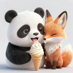 high quality 3 d render hyperrealist very cute lowbrow happy panda & fox hybrid eating ice cream, vray smooth, in the style of detective pikachu, very dramatic light, low angle, uhd 8 k, shallow depth or field
