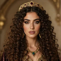 vintage arabian gothic, curly haired woman, highly detailed face