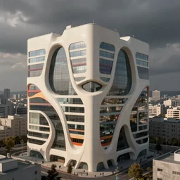 architectural visualization by james gilleard of a cubic high tech solarpunk building with smooth flowing sci - fi streamlined cuts on the facade, off white with colorful cuts designed by selgascano, standing out within a grey urban area in background