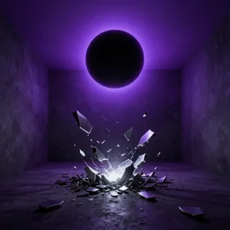 a dark matter of purple sky with a black sun falls to the ground and breaks into fragments, metallic light, futurism, schizophrenia, hyperrealistic fall, closed limbo room
