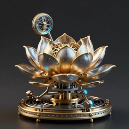 a steampunk Jaquet Droz Magic Lotus Automaton, highly detailed illustration highlights, gold and silver highlights, neon blue highlights, macro photography, F/2.8, trending on artstation, octane render