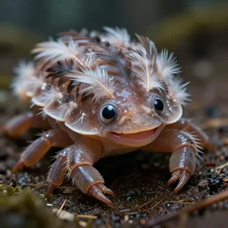 a portrait shot of a beautiful tardigrade!!! smiling!!! covered in feathers, front shot. big cute eyes!!! tilt shift photography, extreme dof