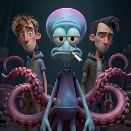 hyperrealistic mixed media image of squidward tentacles, stunning 3 d render inspired art by greg rutkowski and xiang duan and thomas eakes, perfect symmetry, realistic, highly detailed attributes and atmosphere, dim volumetric cinematic lighting, 8 k octane extremely hyper - detailed render, post - processing, masterpiece, with a cigarette in mouth,