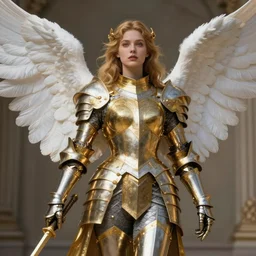 Female knight angel in gold and silver armor, their white wings are extended. By artgerm and greg rutkowski and alphonse mucha