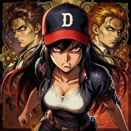 symmetry ( badass clementine from the walking dead wearing her iconic baseball ( letter d ) hat ) angry, ultra detailed, intricate, anime, dynamic lighting, digital art, digital painting, art station, wlop, sharp focus, illustration, art by artgerm and greg rutkowski and alphonse mucha