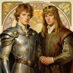 bradley james as arthur pendragon and colin morgan as merlin. highly detailed painting by artgerm, alphonse mucha, greg rutkowski, 8 k