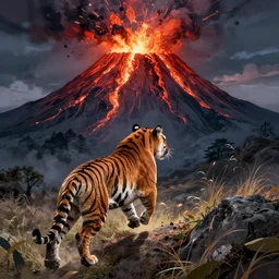 tiger running away from an erupting volcano, whimsical, fantasy, elegant, digital painting, artstation, unreal engine, octane render, concept art, matte, sharp focus, vibrant colors, high contrast, illustration, art by justin gerard