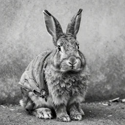 homeless rabbit portrait, dirty, torn clothes. concrete wall background. black and white dslr photo.