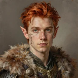portrait painting of an elven young man with short ginger hair and tree tattoos on his cheeks wearing fur armor, sharp focus, award - winning, trending on artstation, masterpiece, highly detailed, intricate. art by rebecca guay