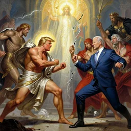god emperor trump vs god emperor biden in the style of craig mullins, greg rutkowski, peter mohrbacher, and drew struzan. epic fight, cataclysm, clash of titans, god rays, fissures, divine, church painting