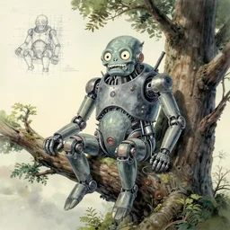a mechanical blueprint of a lovecraftian mechanized funny crazy monster sitting on the tree, wide shot,, muted colors, post grunge, studio ghibli, hq, art by artgem