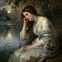 a painting of a weeping maiden by the lake by gustav moreau, jean delville and  Gaston Bussiere