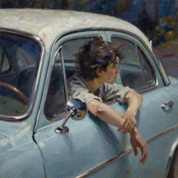 painting of a person leaning out a 1 9 5 0 s car window at night, oil on canvas, impasto, nostalgic