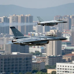 fighter jets flying through a city