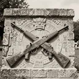 a retro 1 9 2 0 photo of a m 4 a 1 rifle gun statue carved in stone, mayan, realistic