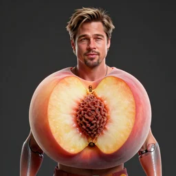 brad pitt in a peach fruit costume, split peach fruit with pit, ef 8 5 mm f 1. 8 usm, bionic scifi alexandre ferra, hyper detailed, digital art, trending in artstation, cinematic lighting, studio quality, smooth render, unreal engine 5 rendered, octane rendered