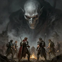 picture of giant spectral revenant, looking down to a party of five adventurers, highly detailed, detailed face, smooth, sharp focus, chiaroscuro, digital painting, artgerm and greg rutkowski and alphonse mucha