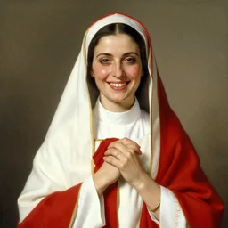a frontal portrait of a priestess, dressed in white and red, ( with a smile that hurts header face ), by donato giancola and norman rockwell.
