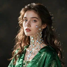 HD symbolic fantasy portrait of the smart artist, dressed in green clothes with a crystalline neural lace