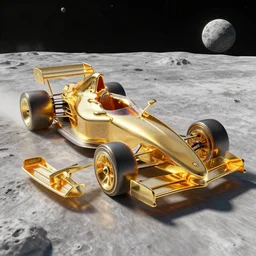 a 3 d render of a golden glass racecar on the moon, 8 k, realistic, dynamic, artstation, digital art
